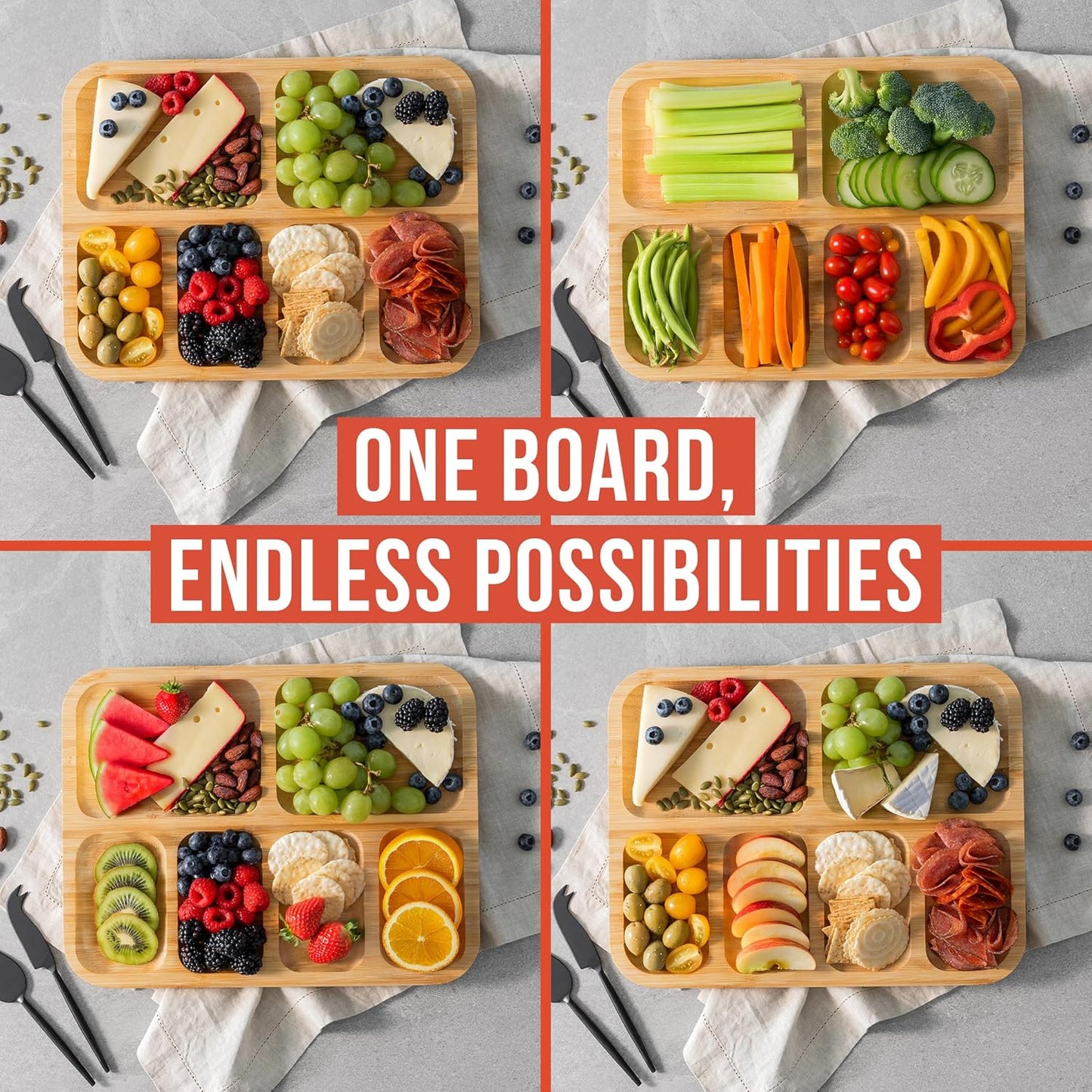 Chef Pomodoro Travel Charcuterie Board With Lid, Serving Tray, Portable, Covered Tray With Lid, Cheese Platter, Wood Grazing Board With 6 Compartments 14.4 X 11.4 in (36.7 X 29 cm)