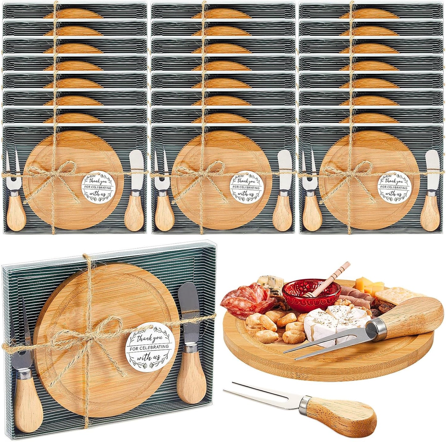 Maxcheck 6 Sets Baby Shower Bridal Game Prizes for Winners Round Cheese Board Set Wood Mini Charcuterie Board with Knives and Forks Thank You Card with Gift Box for Guests Wedding (Bamboo)