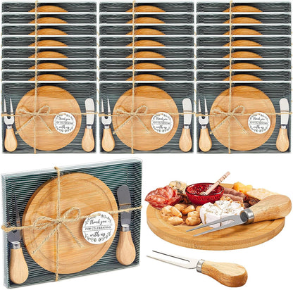 Maxcheck 6 Sets Baby Shower Bridal Game Prizes for Winners Round Cheese Board Set Wood Mini Charcuterie Board with Knives and Forks Thank You Card with Gift Box for Guests Wedding (Bamboo)
