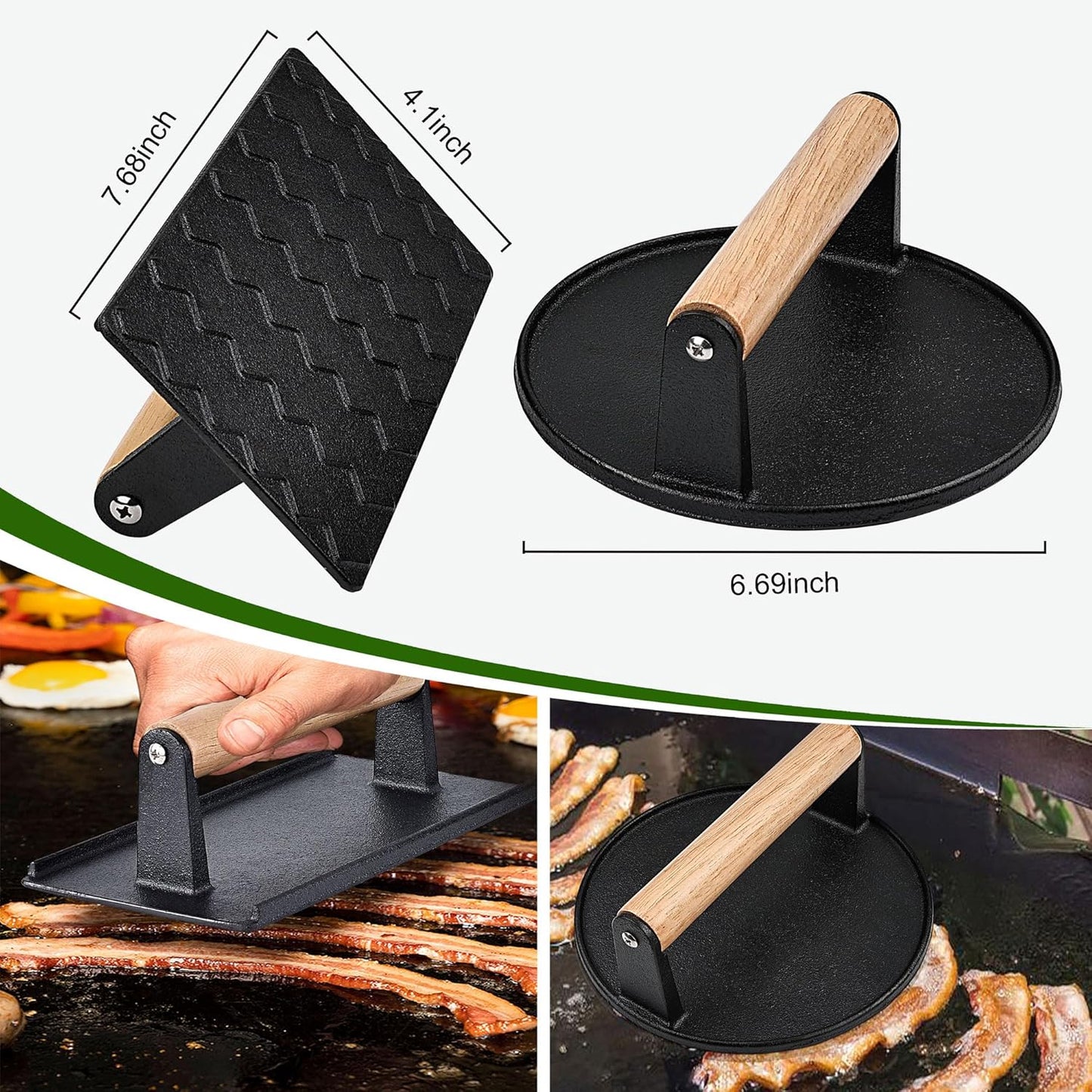 POLIGO Smash Burger Press Kit - 4 in 1 Hamburger Patty Storage Containers, 6.69" Cast Iron Smash Bacon Press - Non Stick Smash Burger Press Set for Grill and Griddle Cooking, Black Round