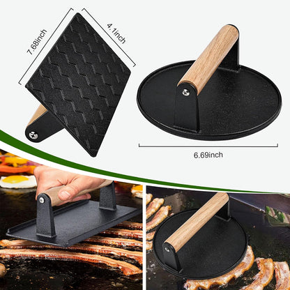 POLIGO Smash Burger Press Kit - 4 in 1 Hamburger Patty Storage Containers, 6.69" Cast Iron Smash Bacon Press - Non Stick Smash Burger Press Set for Grill and Griddle Cooking, Black Round