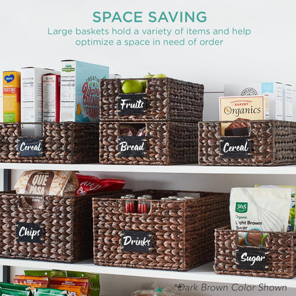 Best Choice Products Set of 4 9x12in Water Hyacinth Pantry Baskets, Woven Organizers w/Chalkboard Label, Chalk Marker - Natural