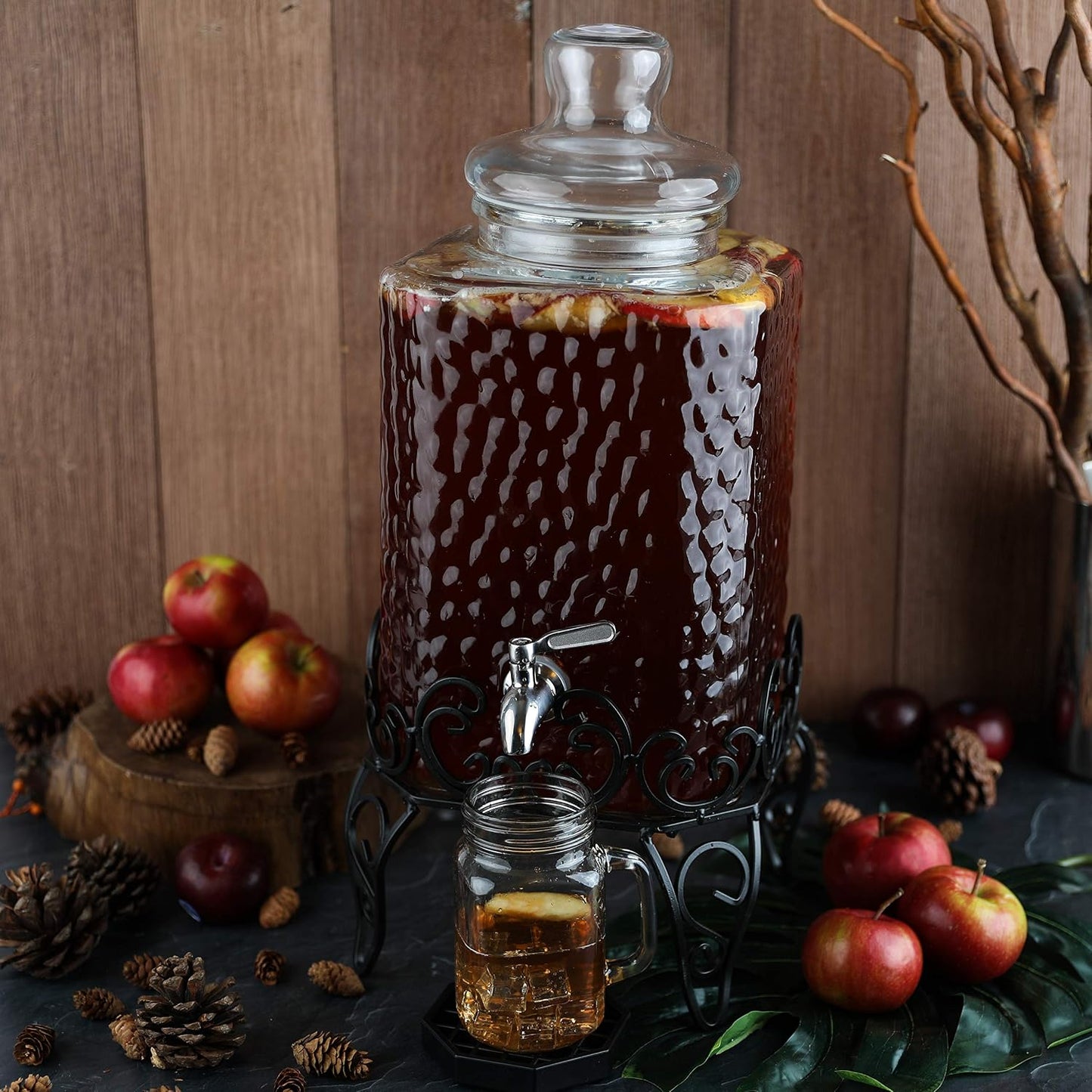 2.5 Gallon Glass Beverage Dispenser with Stand & Stainless Steel Spigot – Large Mason Jar Drink Dispenser for Sun Tea, Kombucha, Iced Tea, Lemonade, Sangria & Cold Drinks