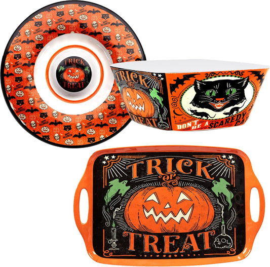 Certified International Scaredy Cat 3 pc. Melamine Hostess Serving Set, Multicolor, Large