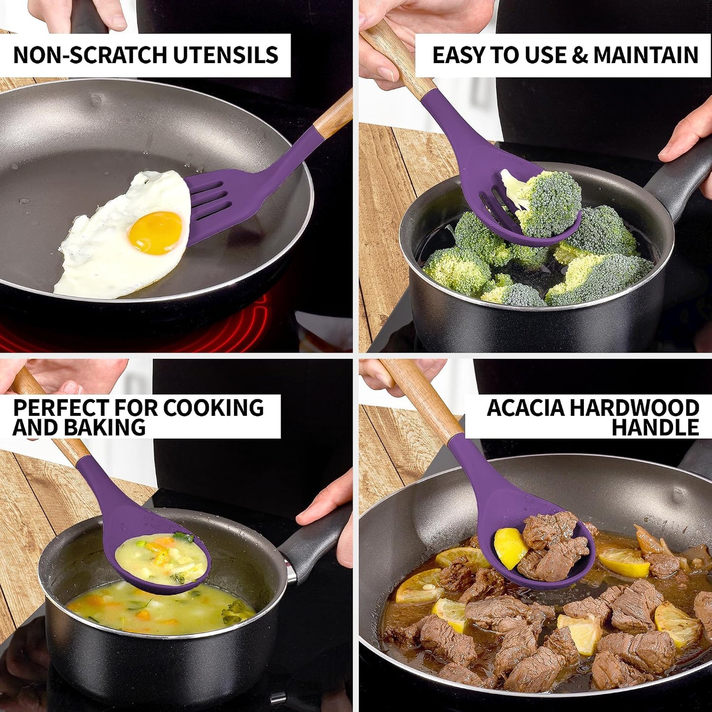 Zulay Kitchen Utensils Set Non-Stick Silicone Cooking Utensils Set with Authentic Acacia Wood Handles - 5 Piece Silicone Utensil Set - Kitchen Utensils Set with 464°F Heat Resistance - Gray