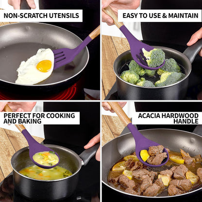 Zulay Kitchen Utensils Set Non-Stick Silicone Cooking Utensils Set with Authentic Acacia Wood Handles - 5 Piece Silicone Utensil Set - Kitchen Utensils Set with 464°F Heat Resistance - Gray