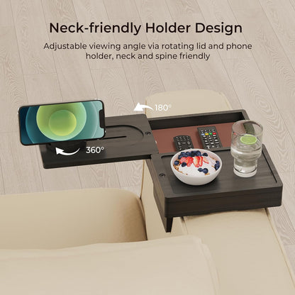 Wealone Bamboo Couch Arm Tray with 2 Rotatable Tray, Adjustable Sofa Arm Clip Table with Storage Box & 360° Phone Holder, Couch Armrest Table for Snacks, Drinks or Dining