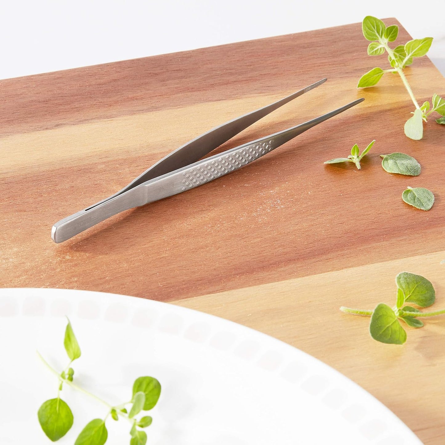 Mercer Culinary 18-8 Stainless Steel Chef Plating Tongs, Offset Tip, 6-1/2 Inch