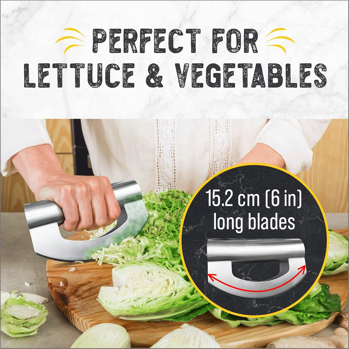 Checkered Chef Salad Chopper Tool - Mezzaluna Knife, Stainless Steel Blade