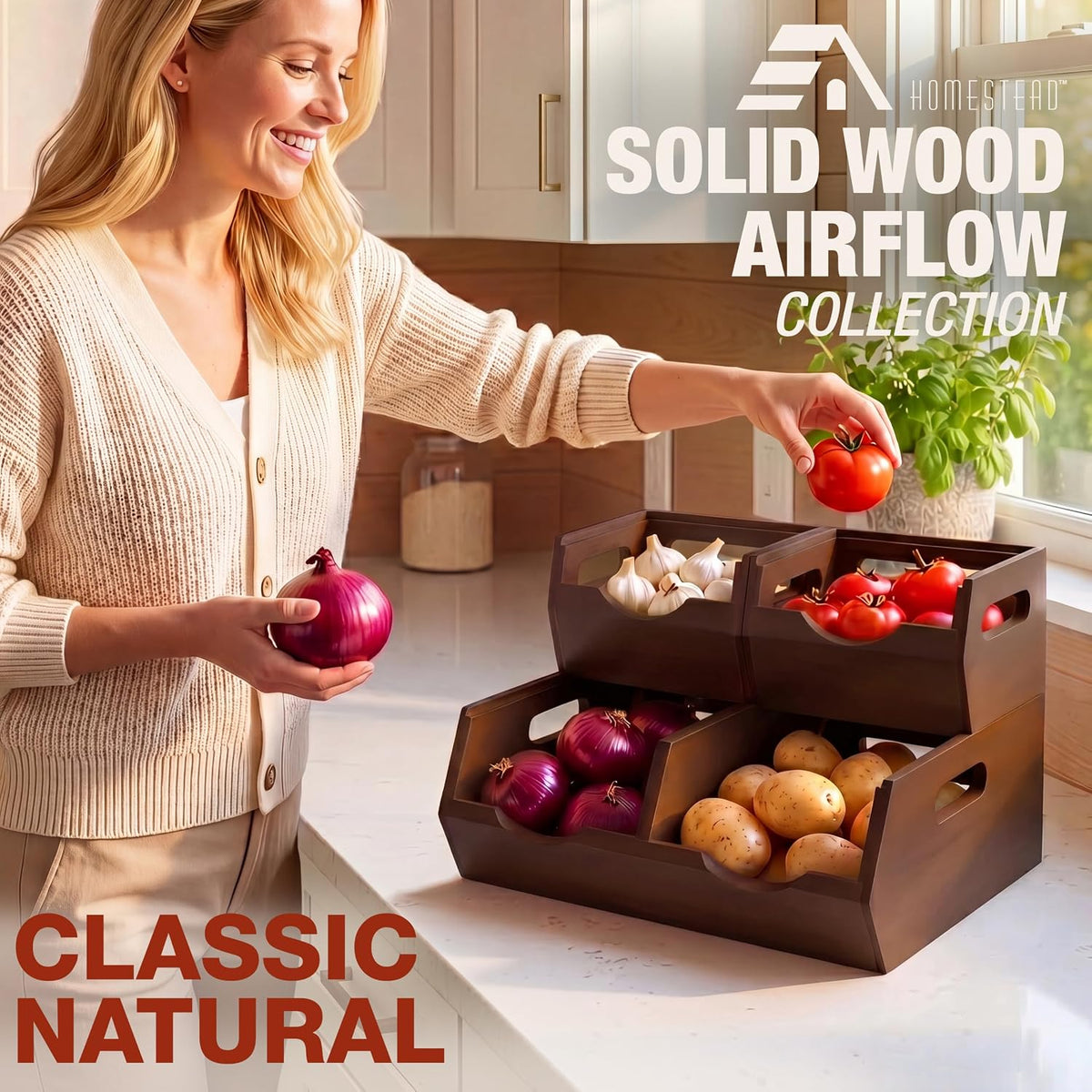 HOMESTEAD Stackable Solid Wood Storage Bins for Kitchen Pantry & Countertop, Ventilated Potato and Onion Basket Organizer with Handles, Wooden Produce Storage Containers, 3-Pack, Chestnut Finish