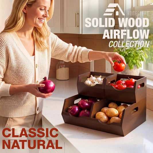 HOMESTEAD Stackable Solid Wood Storage Bins for Kitchen Pantry & Countertop, Ventilated Potato and Onion Basket Organizer with Handles, Wooden Produce Storage Containers, 3-Pack, Chestnut Finish