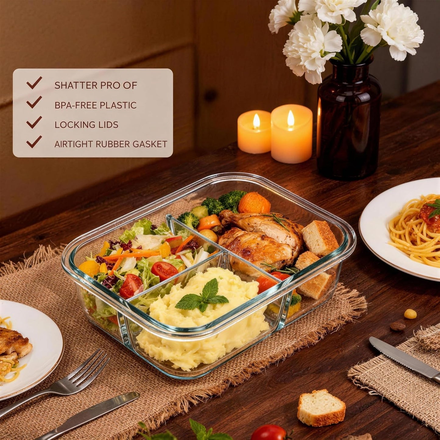 Glass Meal Prep Containers 5 Pack - Lunch Boxes with Leakproof Lids, Food Storage Containers, Bento Boxes, Gray (3 Compartment)
