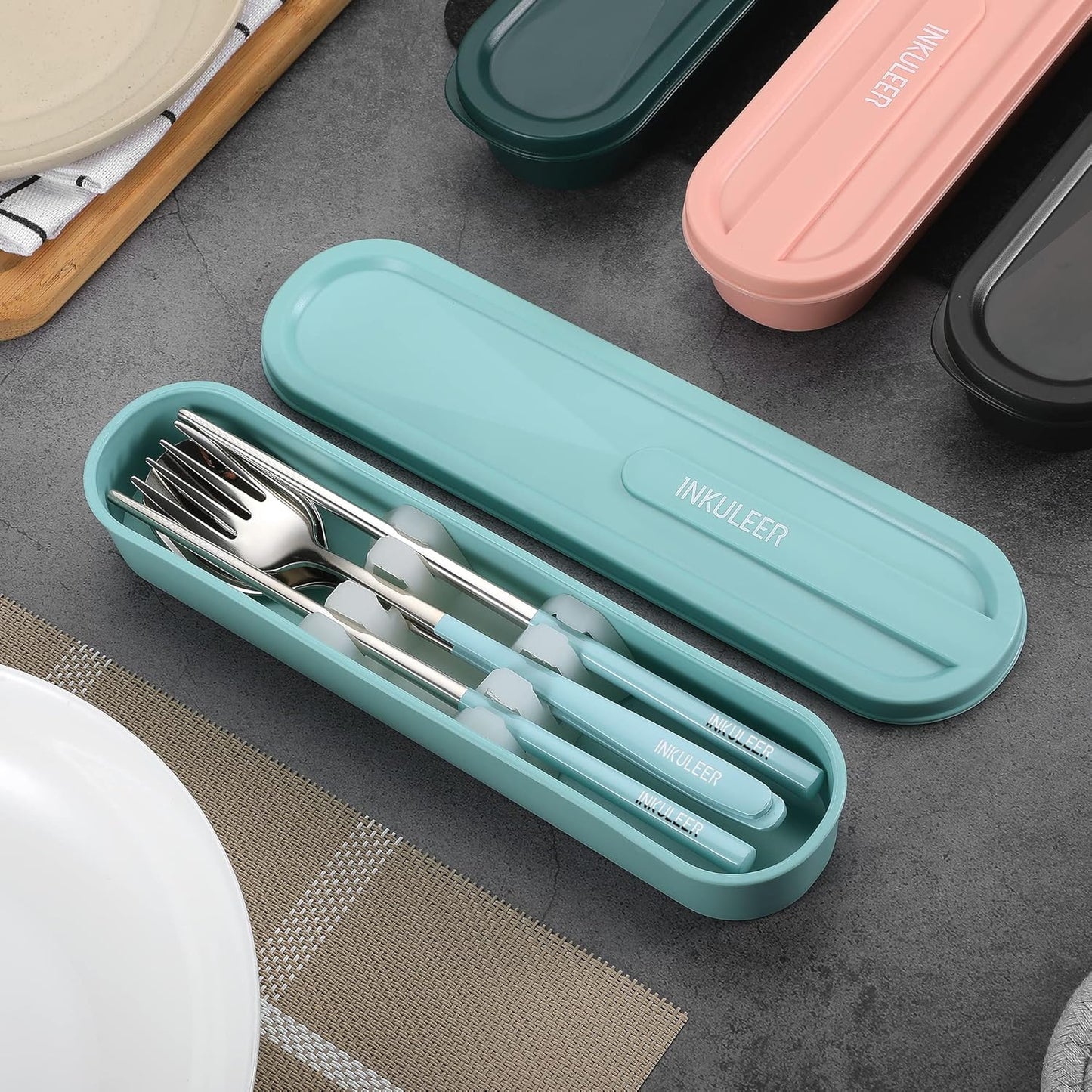 iNKULEER Travel cutlery set, 18/8 stainless steel cutlery, Reusable utensils set with case, Portable Silverware Lunch Box for Camping and Office (Pink)