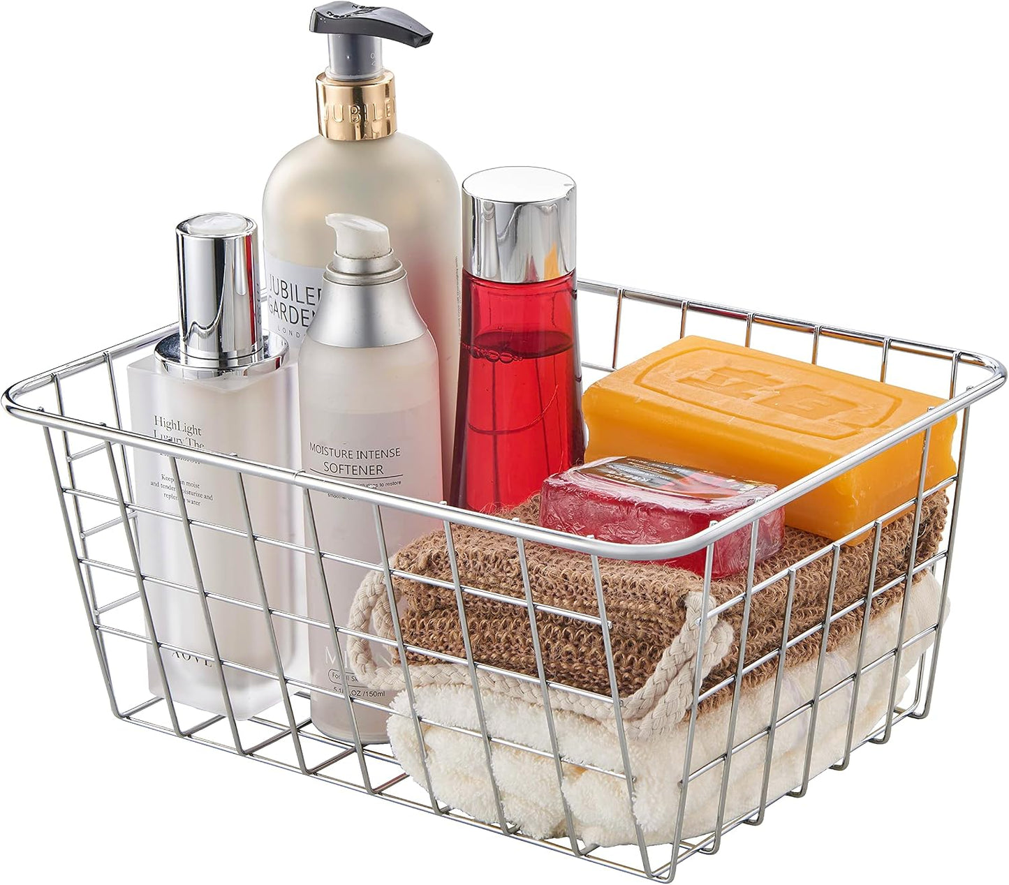 JUNCHU CHERRY Wire Kitchen Storage Basket 4 Packs,Perfect Pantry Organization Accessories Baskets,Laundry Basket,Countertop Organization,Suitable for Kitchen,Bathroom,Bedroom,Tabletop,Stackable,Chrome