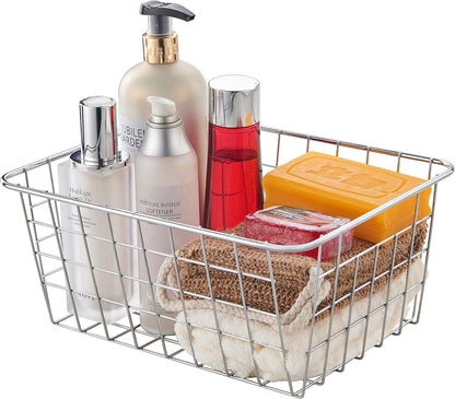 JUNCHU CHERRY Wire Kitchen Storage Basket 4 Packs,Perfect Pantry Organization Accessories Baskets,Laundry Basket,Countertop Organization,Suitable for Kitchen,Bathroom,Bedroom,Tabletop,Stackable,Chrome