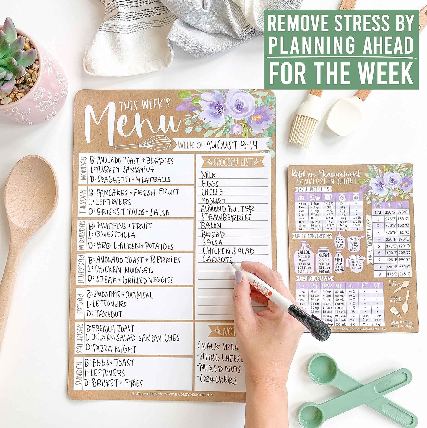 Hadley Designs Weekly Meal Planner and Dry Erase Board for Refrigerator-Floral Magnetic Weekly Menu Board for Kitchen Conversion Chart, Magnetic Meal Planner for Refrigerator