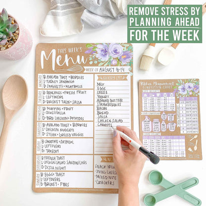 Hadley Designs Weekly Meal Planner and Dry Erase Board for Refrigerator-Floral Magnetic Weekly Menu Board for Kitchen Conversion Chart, Magnetic Meal Planner for Refrigerator