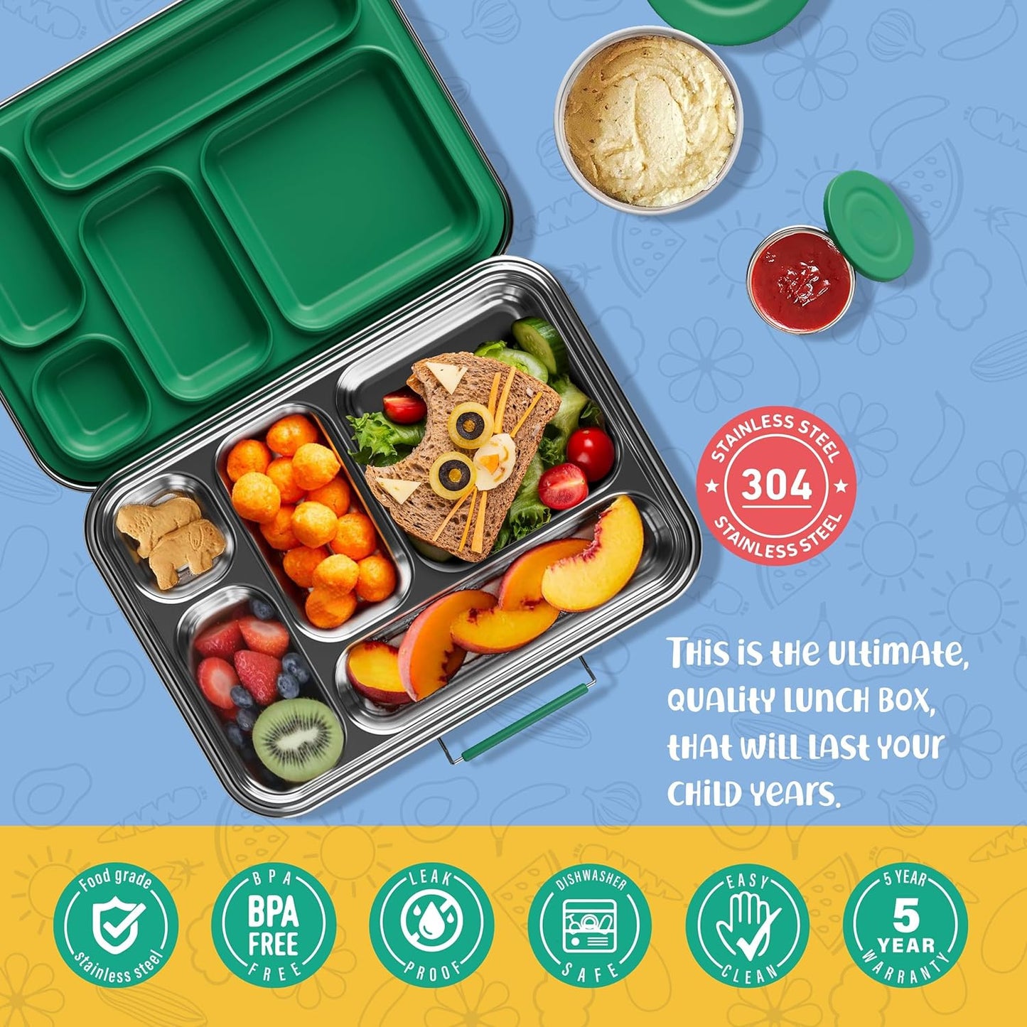 AOHEA Stainless Steel Bento Box Kids, Kids Metal Bento Lunch Box BPA Free Lunch Box Containers 304 Stainless Steel Bento Box for School and Office(Bule)