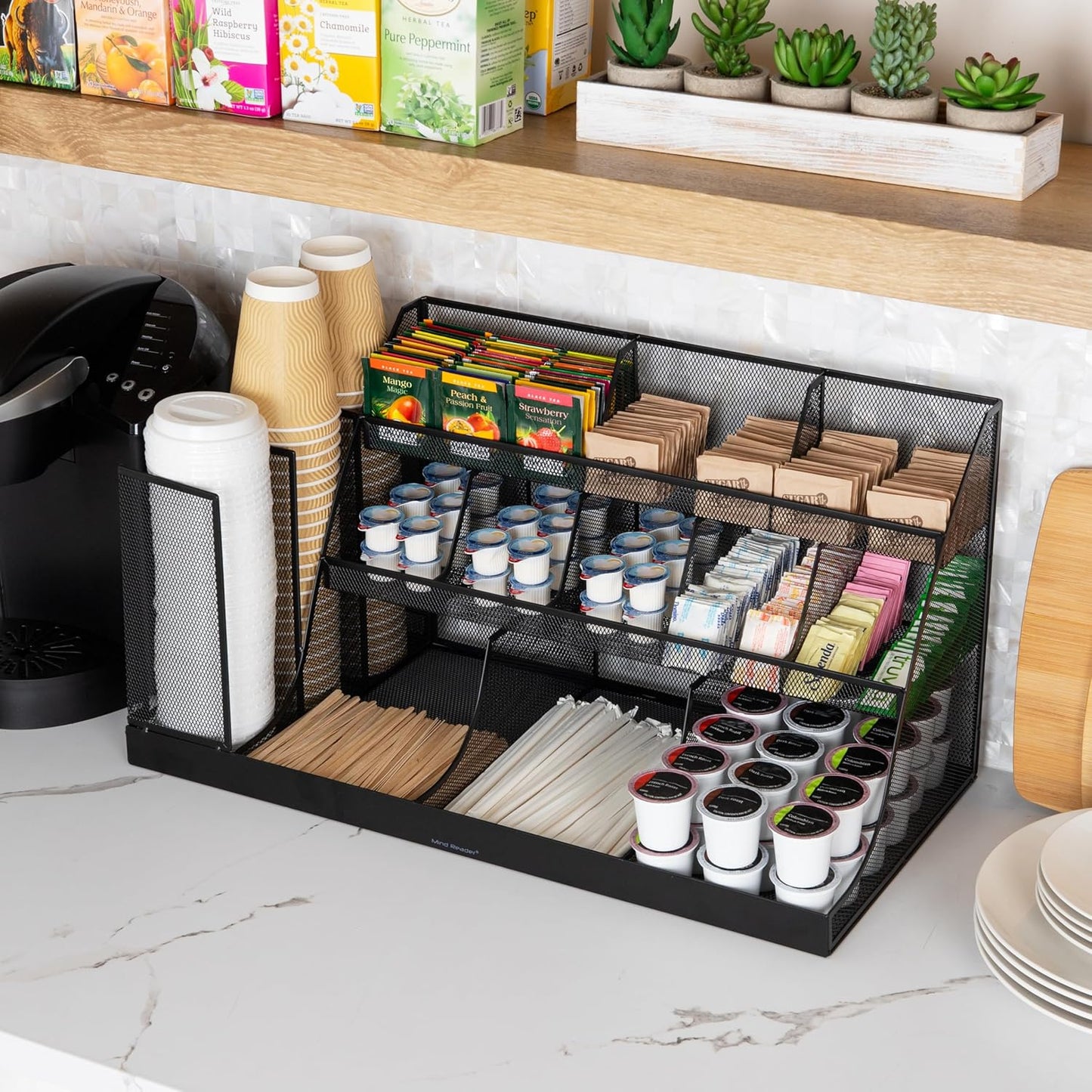 Mind Reader Cup and Condiment Station, Breakroom Countertop Organizer, 3-Tier Storage for Office Coffee Stations and Shared Spaces, Metal Mesh, Black
