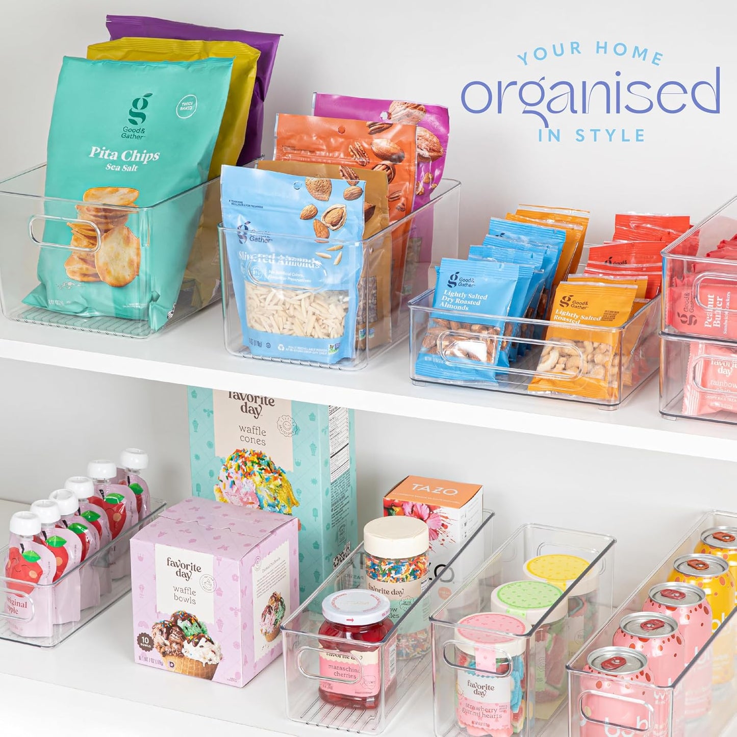 Plastic Food Storage 4 Pack Clear Container Bin with Handles for Organizing Kitchen, Pantry, Refrigerator, Freezer, Pantry, Cabinet, Closet, Bathroom. Stackable 10”x6”x3”