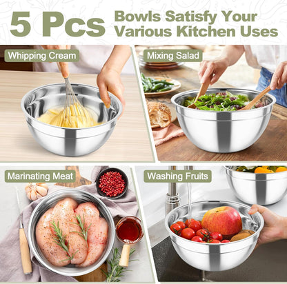 TeamFar Mixing Bowls, Stainless Steel Salad Serving Bowl with Clear Lids & 3 Graters, For Kitchen Cooking Prepping Storing, Size 4.6/2.6/1.5/1/0.7 QT, Nesting & Airtight, Set of 5 & Khaki