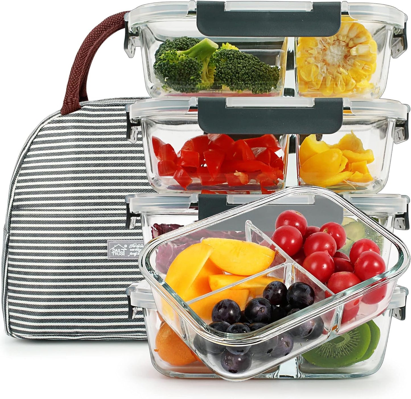 DAS TRUST 5 Pack 36oz Bento Box Glass Meal Prep Container 3 Compartment Glass Food Storage Containers with Lids Meal Prep Bowls Lunch Box Lunch Container for Oven