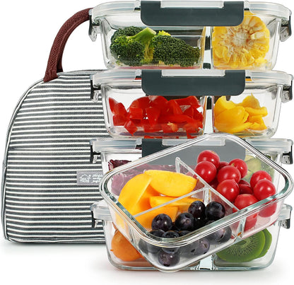 DAS TRUST 5 Pack 36oz Bento Box Glass Meal Prep Container 3 Compartment Glass Food Storage Containers with Lids Meal Prep Bowls Lunch Box Lunch Container for Oven