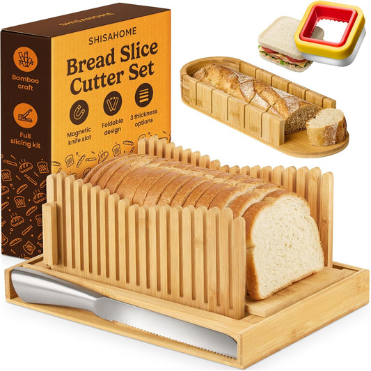 Bread Slicer Guide for Homemade Bread 3-In-1 Set: Sourdough Rounds Slicer, Baguette Cutter & Sandwich Sealer | Bread Loaf Slicing, Adjustable Bamboo Bread Cutter With Knife & Magnetic Slot
