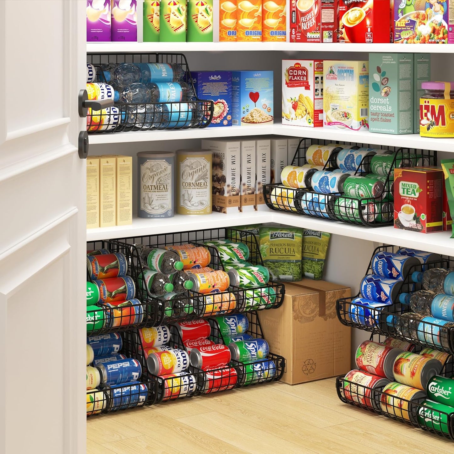 Stacking Can Dispensers 3 Tier with 3 Divider, Large Pantry Can Organizer, Beverage Drink Pop Soda Can Storage Basket, Can Holders for Pantry, Canned Food Rack Wire Bins for Kitchen Cabinet (3-Pack)