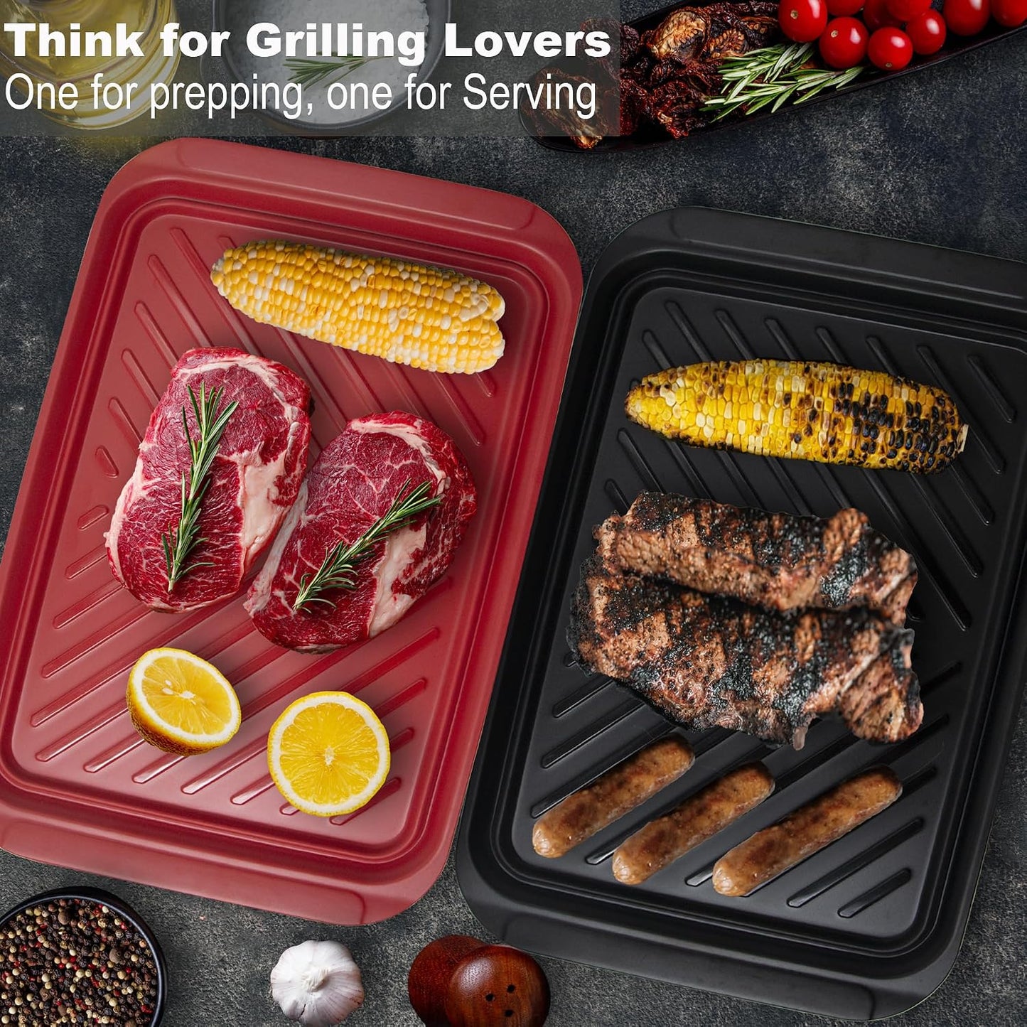 Czlizdyt Grilling Prep and Serve Trays, BBQ Platter for Raw and Cooked Food, Melamine Serving Trays for Food, Set of 2, Black and Red, Napkin and Cleaning Clothes Included