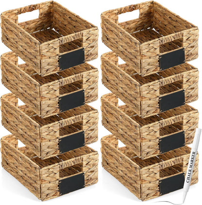 Nitial 8 Pcs Wicker Storage Basket, Rectangular Water Hyacinth Storage Basket for Shelving, Foldable Woven Pantry Organizer with Chalkboard Label and Chalk Marker (Natural,12 x 9 x 5 Inch)
