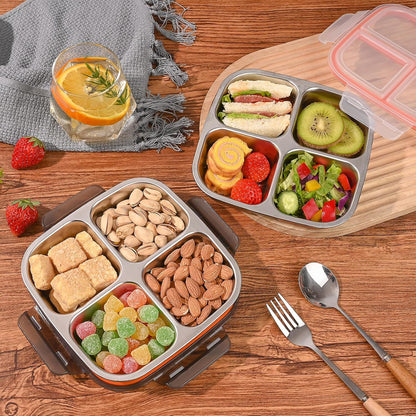 3 Pack Stainless Steel Snack Containers with Airtight Lids, 4 Compartment Food Storage Containers, Reusable Metal Meal Prep Lunch Boxes, Dishwasher Safe, Divided Plates for Adults (Black)