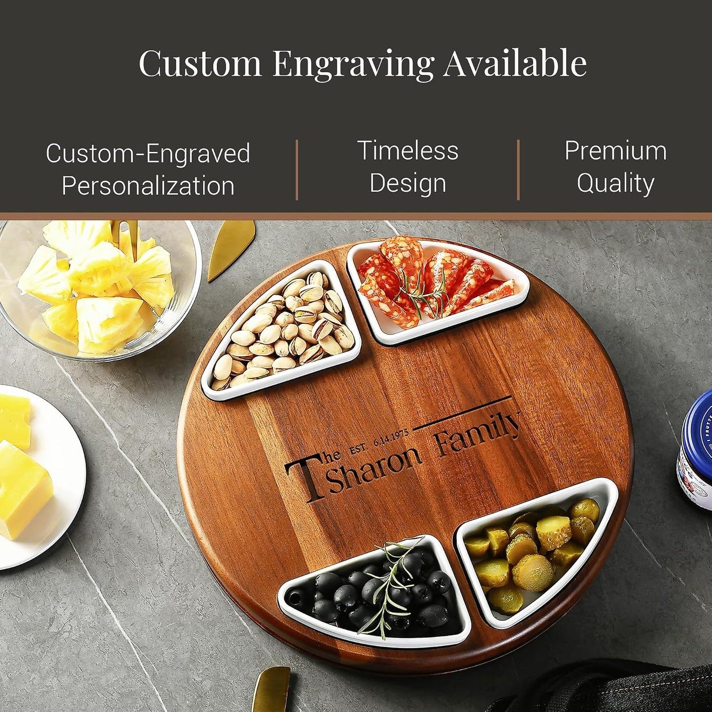 Shanik Acacia Wood Lazy Susan Cheese Board Set – Rotating Charcuterie Platter, Elegant Serving Tray for Appetizers, Snacks, Parties & Weddings