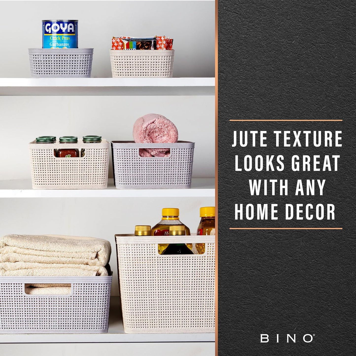 BINO Woven Plastic Basket | Large (Natural), 3-Pack | THE JUTE COLLECTION | Home Organization, Space-Saving Storage, Stylish Design | Plastic Storage Basket