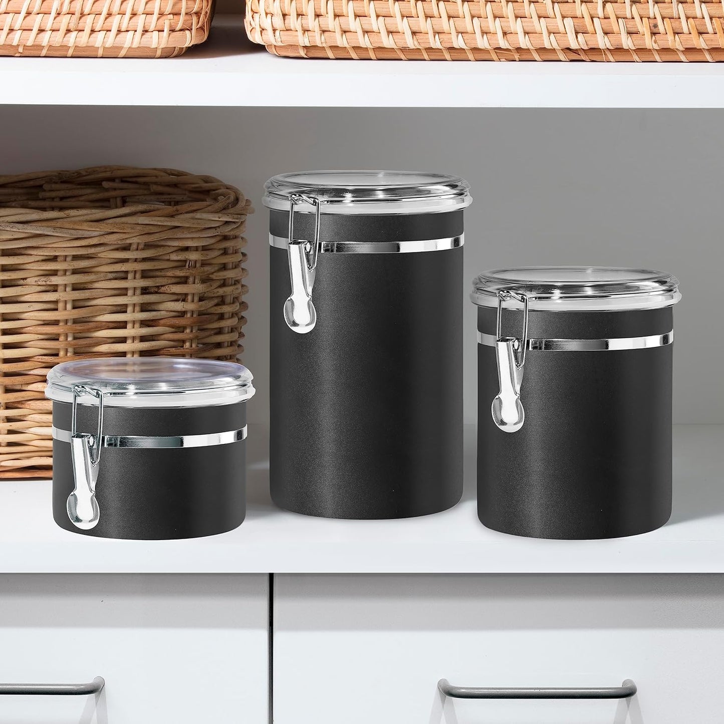 Oggi Stainless Steel Kitchen Canister 62 fl oz - Airtight Clamp Lid, Clear See-Thru Top - Ideal for Kitchen Storage, Food Storage, Pantry Storage. Large Size 5" x 7.5".