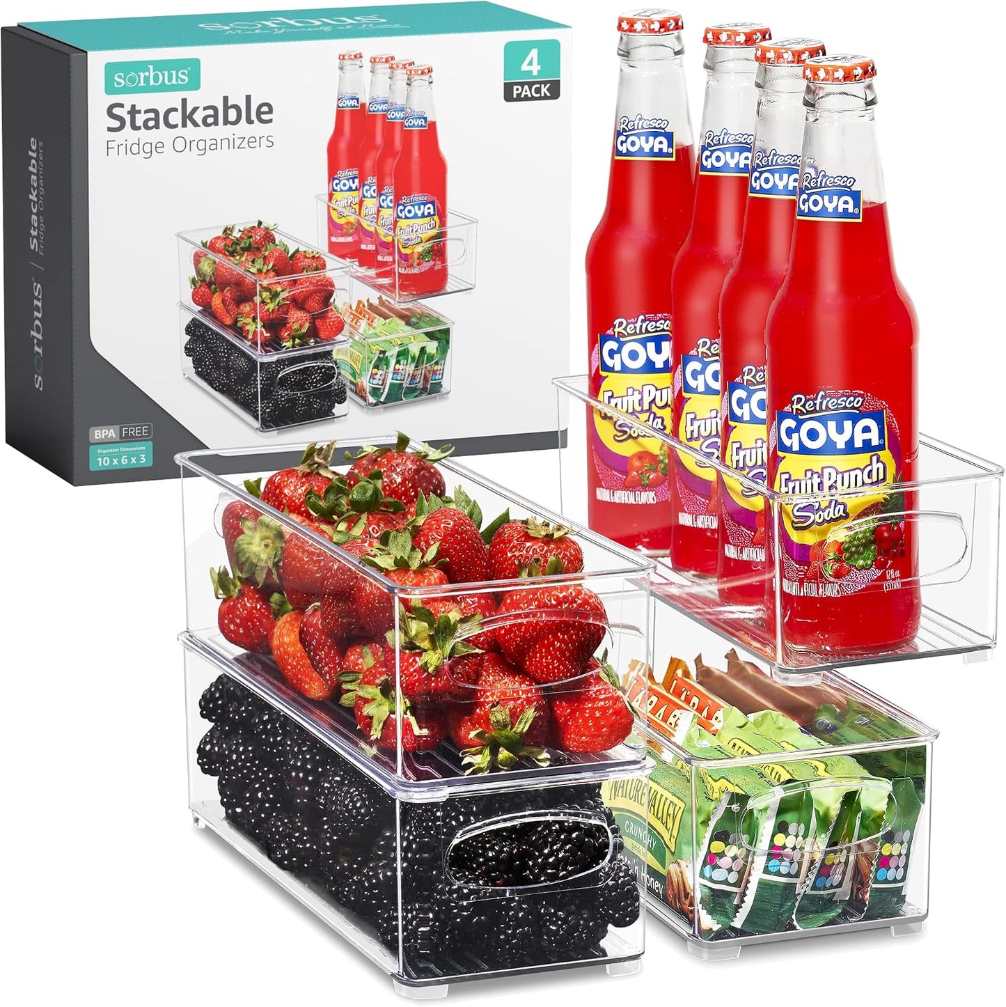 Sorbus Stackable Refrigerator Organizer Bins - Set of 4 Clear Storage Bins for Kitchen Pantry, Freezer & Fridge Organization - Food Organizing Plastic Containers with Handles for Countertops & Drawers