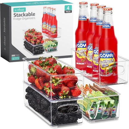 Sorbus Stackable Refrigerator Organizer Bins - Set of 4 Clear Storage Bins for Kitchen Pantry, Freezer & Fridge Organization - Food Organizing Plastic Containers with Handles for Countertops & Drawers