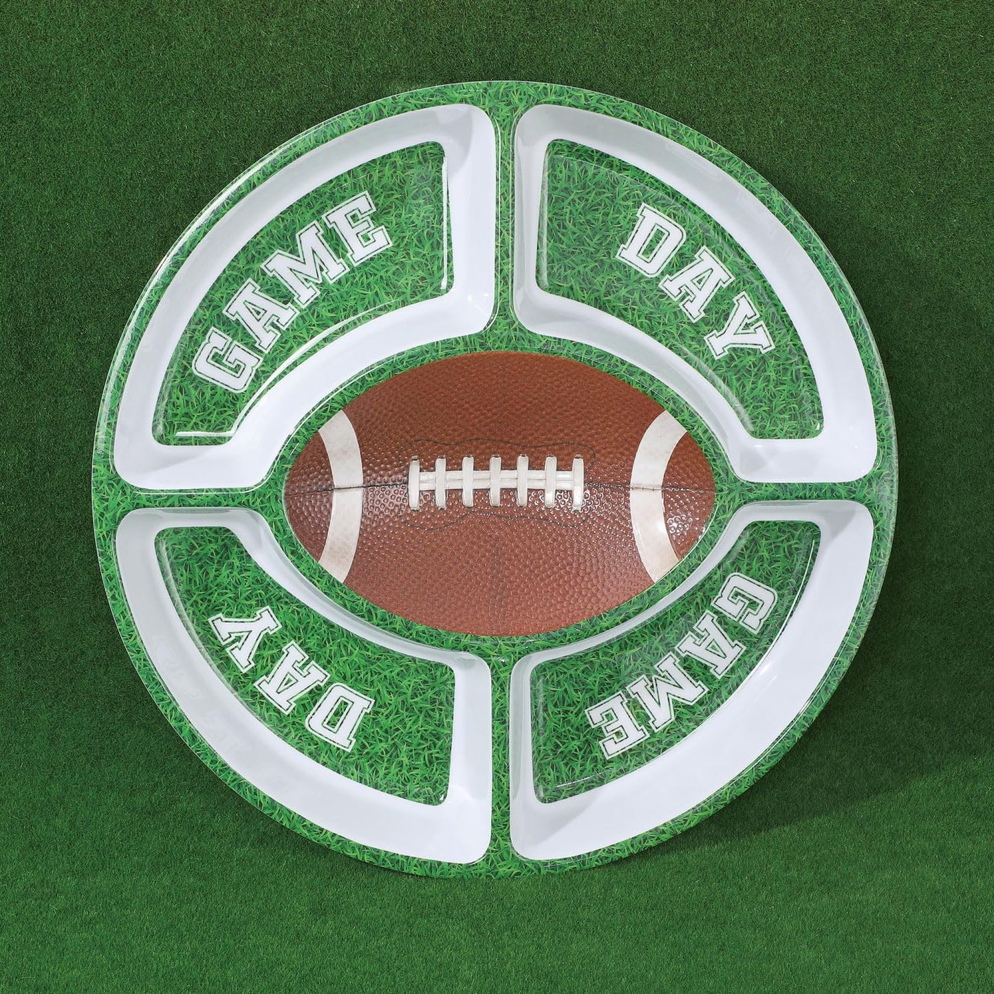 UP Football-Themed Melamine 5-Section Snack Platter, Round Divided Game Day Serving Tray with Green Field Design, for Chips and Dip, Sweets, and Appetizers, 15 Inch