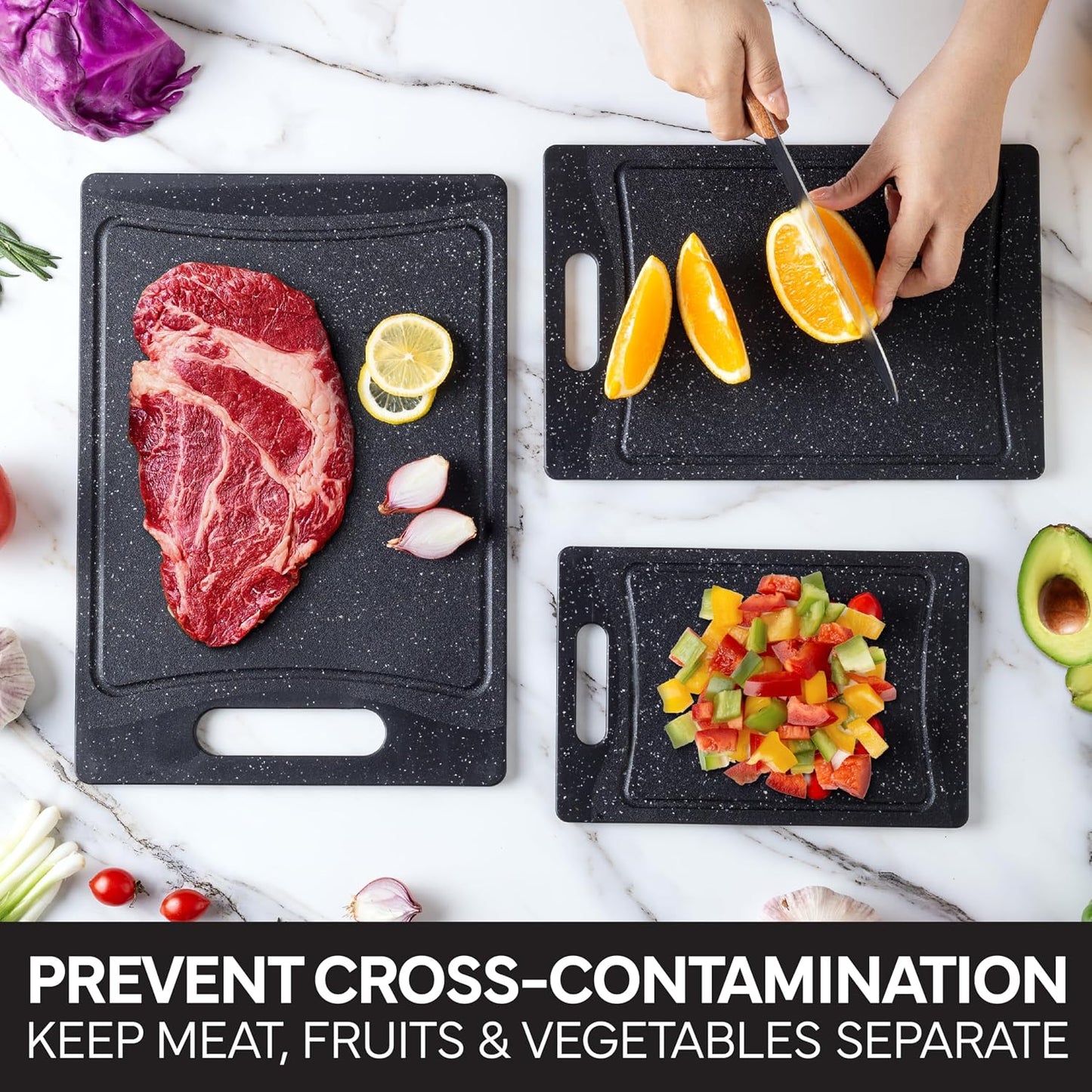COOK WITH COLOR Non-Slip Cutting Board Set – Kitchen Essentials with Easy Grip Handle for Meat, Veggies, and Fruits, 3 Cutting Boards, Speckled White