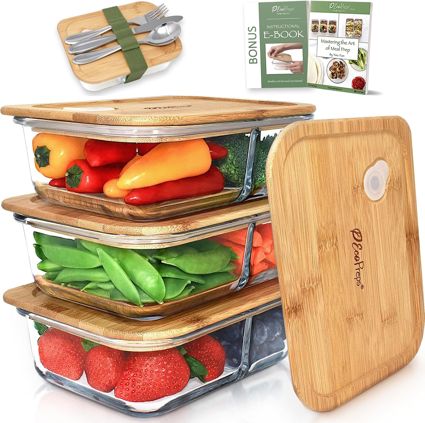 EcoPreps Glass Bento Box Containers with Bamboo Lids, 3 Compartment Glass Meal Prep Containers (3 Pack) - 100% Plastic Free, Eco-Friendly Lunch Container Set, Bamboo Lid Bento Boxes for Adults