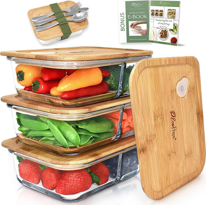 EcoPreps Glass Bento Box Containers with Bamboo Lids, 3 Compartment Glass Meal Prep Containers (3 Pack) - 100% Plastic Free, Eco-Friendly Lunch Container Set, Bamboo Lid Bento Boxes for Adults