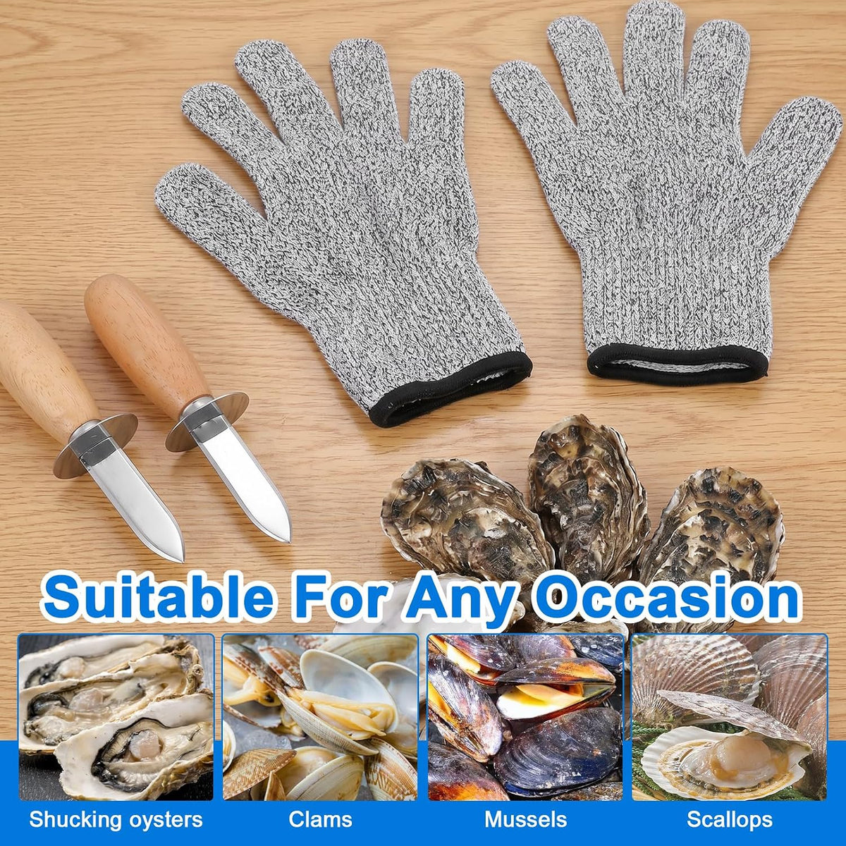 Oyster Shucking Knife Set of 6 with 6 Pairs Cut-Resistant Gloves, Professional Oyster Shucker Set for Clams, Mussels & Shellfish, Stainless Steel Oyster Knife Shucker Set for Home Kitchen, BBQ