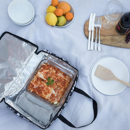 Dawhud Direct Insulated Casserole Carrier for Hot or Cold Food - Portable Casserole Dish Carrier with Handles - Black and White Design - 13 x 8 x 4 Inches Food Warmer Bag for Travel and Picnics