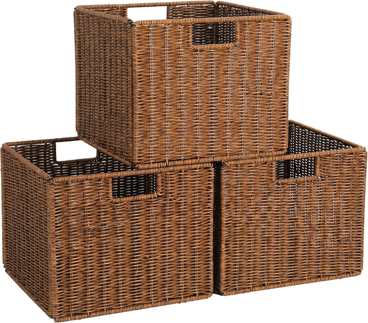12x12x10in Water Hyacinth Storage Basket Large, Folding Cube Woven Wicker Storage Basket for Shelves, Pantry Baskets Organization and Storage, Kitchen Storage Baskets, Large Rattan Basket Set of 3