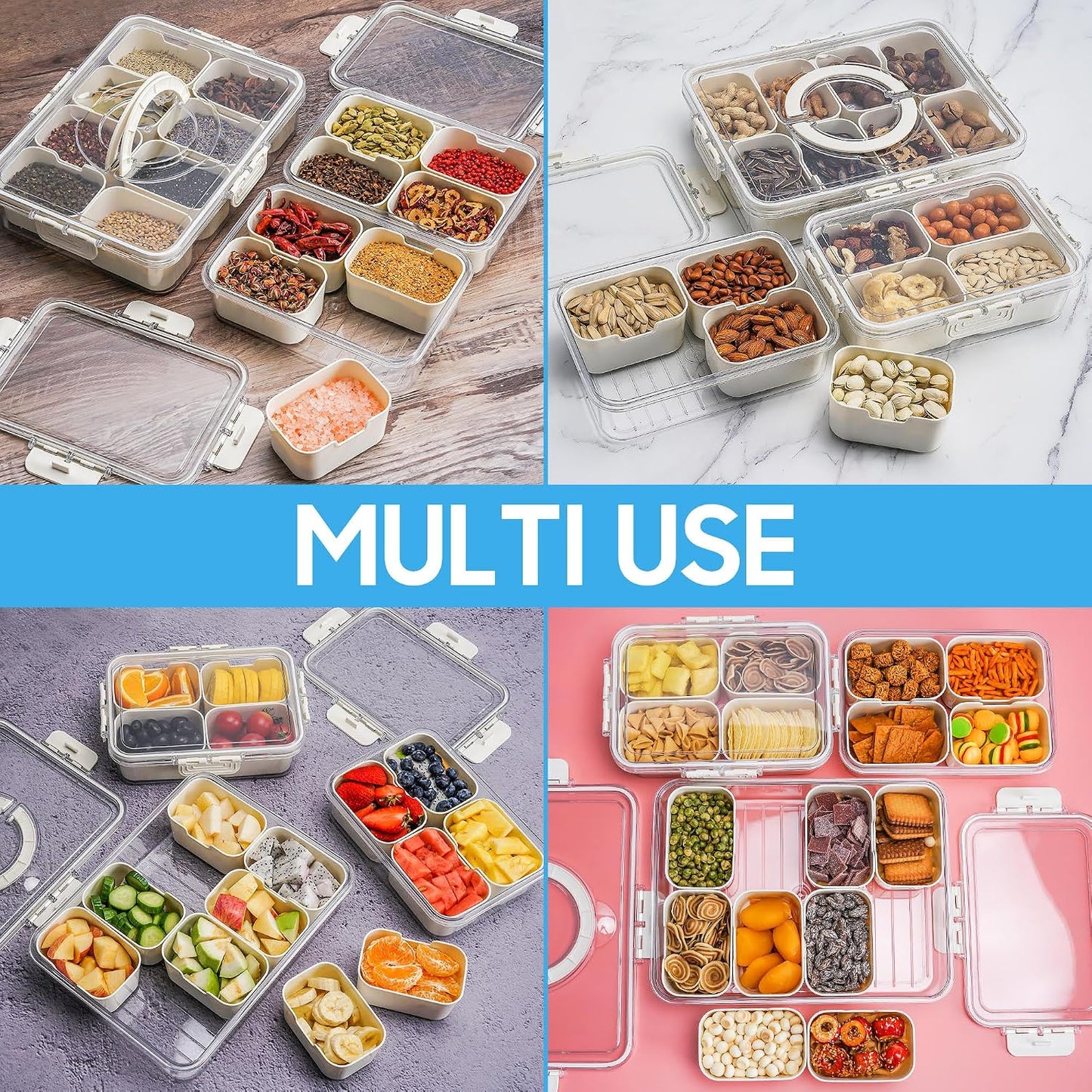 Divided Serving Tray with Lid and Handle - Snacklebox 3 Pcs Charcuterie Container for Portable Snack Platters & Storage Organizer for Fruits, Nuts, Candy, Snacks - Perfect for Travel and Entertaining