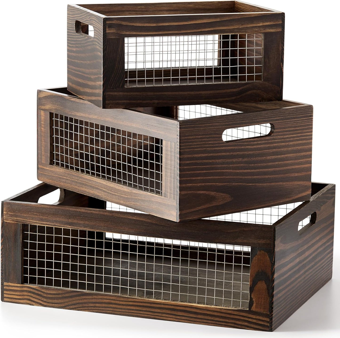 Set of 3 Wooden Nesting Countertop Baskets, Rustic Wood Storage Crates with Handles for Kitchen, Pantry, Bathroom, Fruit, Vegetables, Bread
