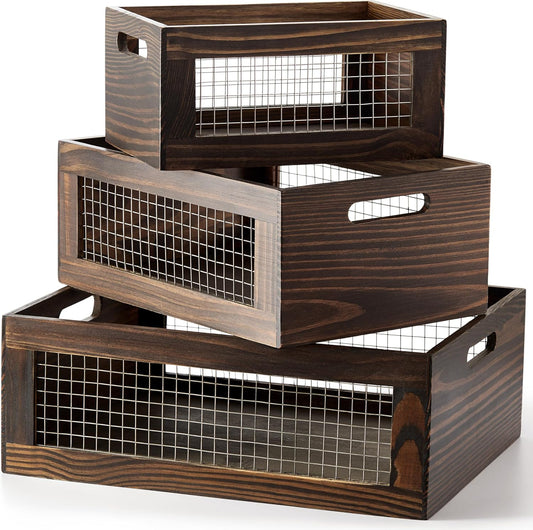 Set of 3 Wooden Nesting Countertop Baskets, Rustic Wood Storage Crates with Handles for Kitchen, Pantry, Bathroom, Fruit, Vegetables, Bread