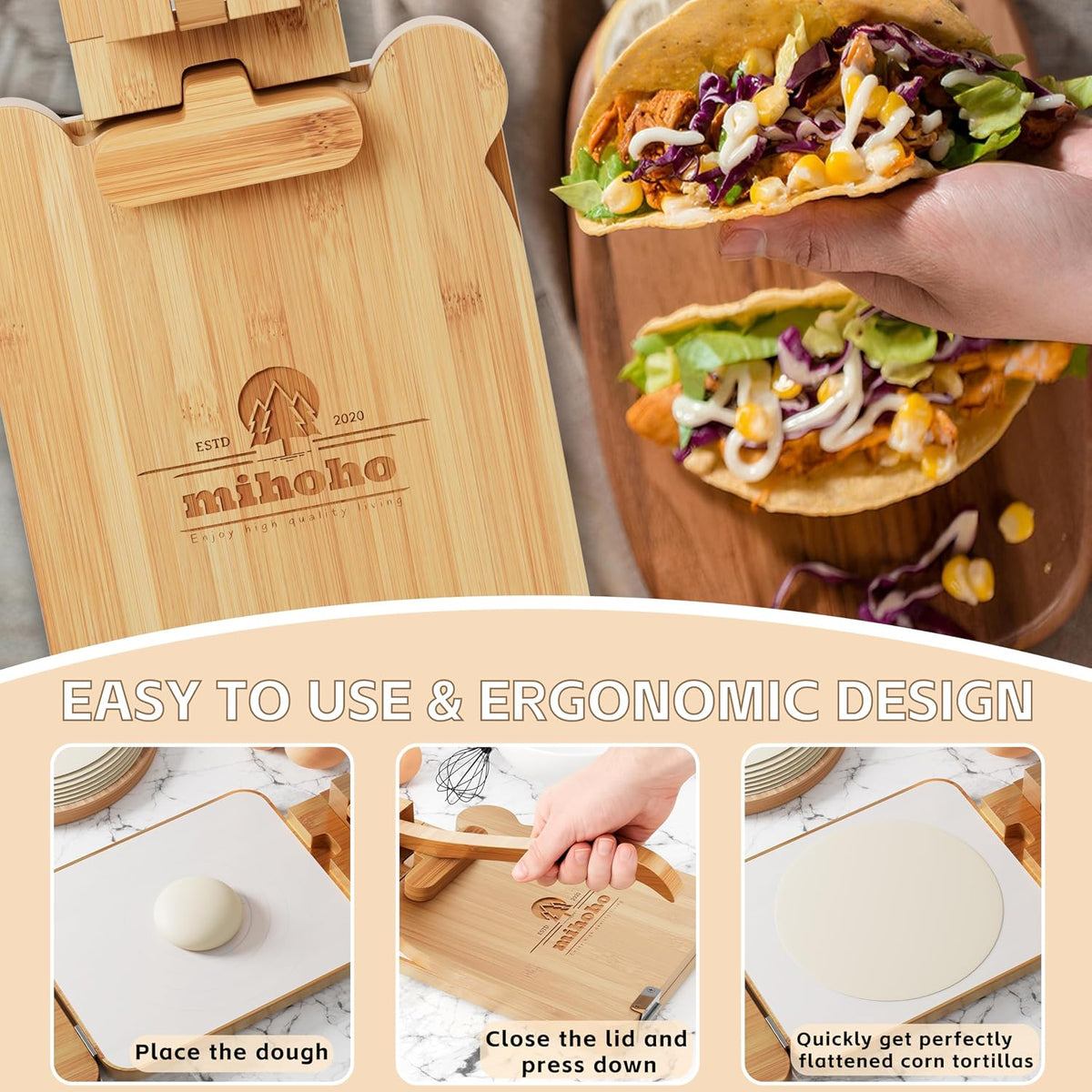Tortilla Press 10 Inch Bamboo Tortilla Maker, Mexican Tortillera Presser Homemade Flour Tortilla Press for Mexican Tortillas Roti Burrito, Taco Pataconera (Beech)