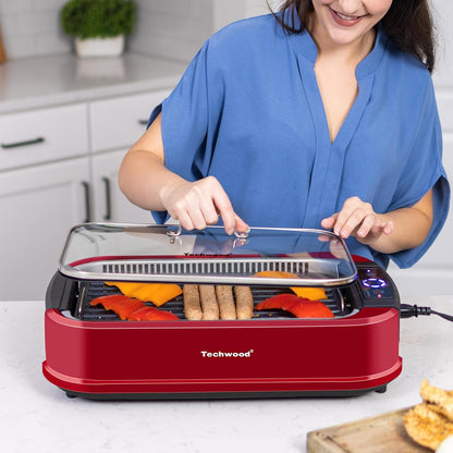 Techwood Indoor Grill Smokeless Grill, Electric Korean BBQ Grill with Glass Lid, Turbo Smoke Extractor Technology, Dishwasher-Safe Drip Tray & Nonstick Grilling Removable Plate, Black, 1500W
