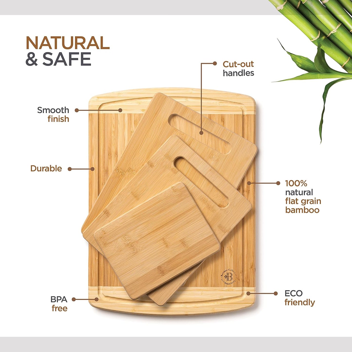 Bamboo Cutting Board Set for Kitchen - 3 Piece Reversible Wooden Cutting Boards, Wood Chopping Boards for Meat, Bread, Fruit, Cheese, Meal Prep, Wood Board and Charcuterie Serving Boards by Bambusi
